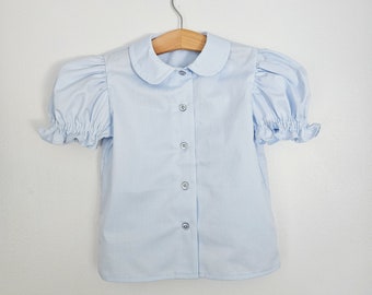 Light Blue uniform shirt for toddler girls, Peter Pan collar blouse with puffy sleeves, blue cotton blouse