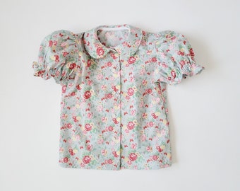 Rose print blouse for toddler girls, Peter Pan collar shirt with puffy sleeves