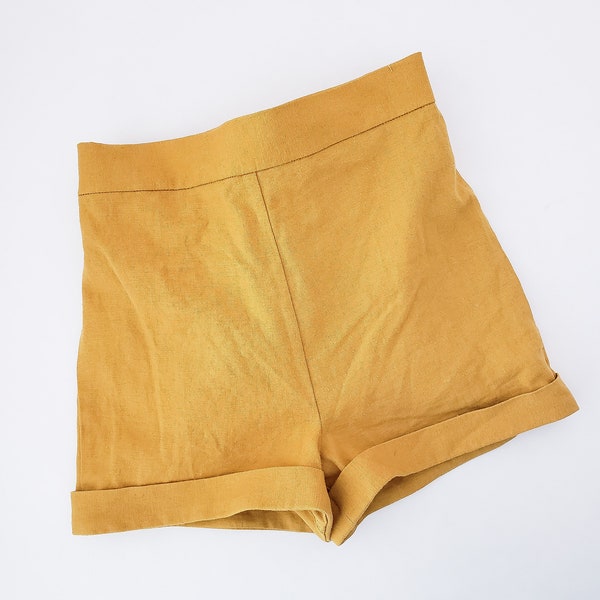 Mustard yellow linen shorts for girls, tie back shorts for toddler, boho shorts for toddler, cuffed shorts, linen shorts