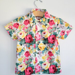 Boys Floral Shirt: Cuffed Sleeve Rose Print Cotton Top