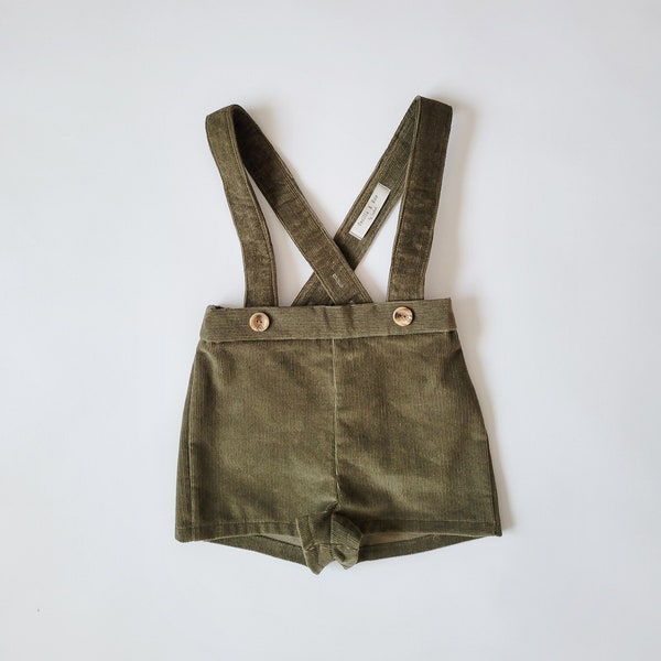 Olive green corduroy suspender shorts for toddler girls or boys, high waisted shorts for fall gnome costume
