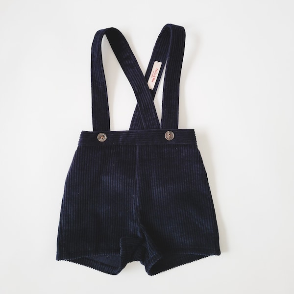 Dark Navy corduroy suspender shorts for toddler girls or boys, high waisted shorts for fall gnome costume, uniform shorts