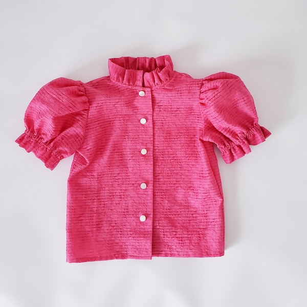 Girl Hot Pink Ruffle Collar Blouse Shirt / Toddler/Puff Sleeve Shirt