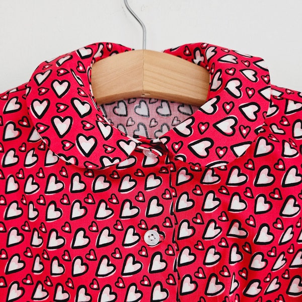 Valentine's day heart print Peter Pan collar shirt with puff sleeves for toddler girls, girls blouse