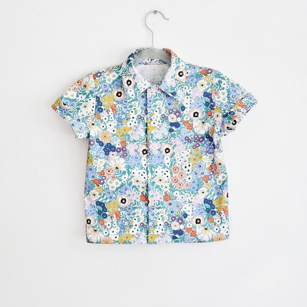 Blue floral button down shirt for boys, ring bearer shirt, dressy boys shirt, organic cotton shirt
