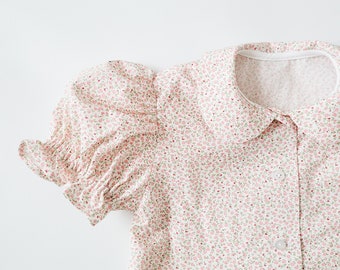 Ditsy floral shirt for toddler girls, Peter Pan collar blouse with puffy sleeves, pink flowers