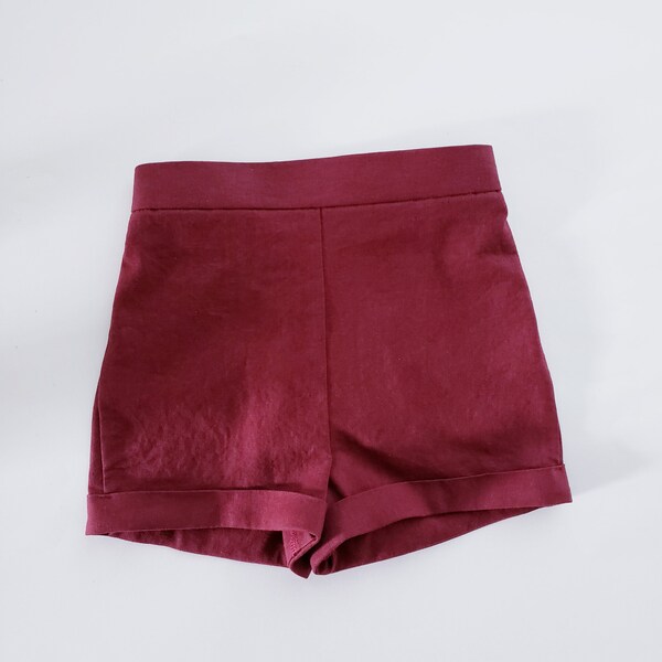 Burgundy linen shorts for toddler girls, highwaisted cuffed shorts