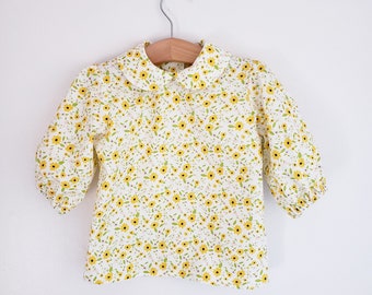 Yellow flowers Peter Pan collar shirt for toddler girls, vintage style blouse for spring, pink and yellow floral shirt