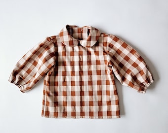 Peter Pan collar shirt for toddler girls, vintage style blouse, girls shirt 3/4 sleeves, fall shirt, gingham, plaid, orange and cream