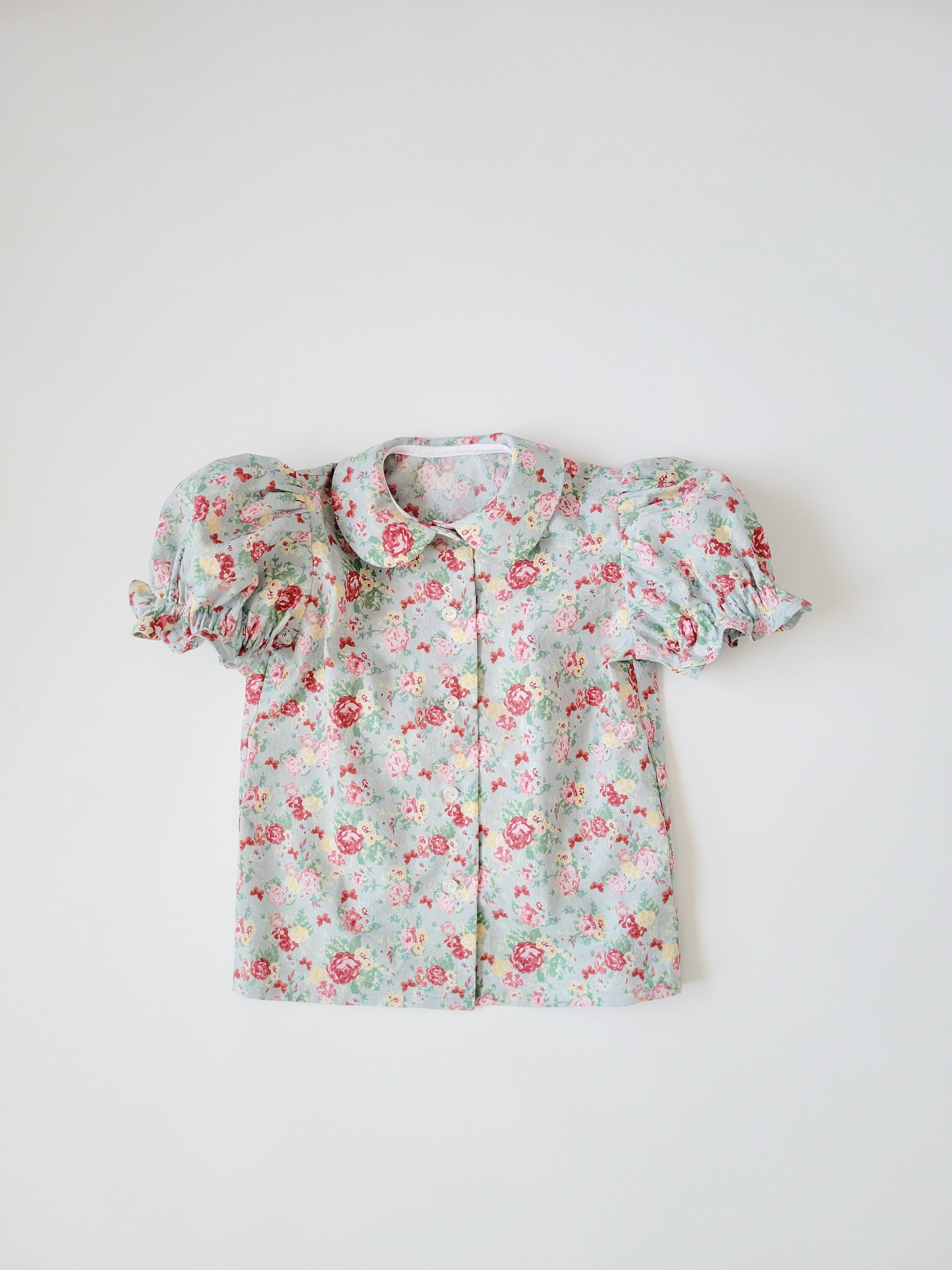 Rose print blouse for toddler girls, Peter Pan collar shirt with puffy sleeves