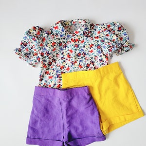 Watercolor floral shirt for toddler girls, Peter Pan collar blouse with puffy sleeves, red, yellow, and purple flowers image 4