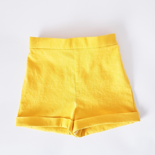 Sunshine Yellow linen shorts for toddler girls, highwaisted cuffed shorts