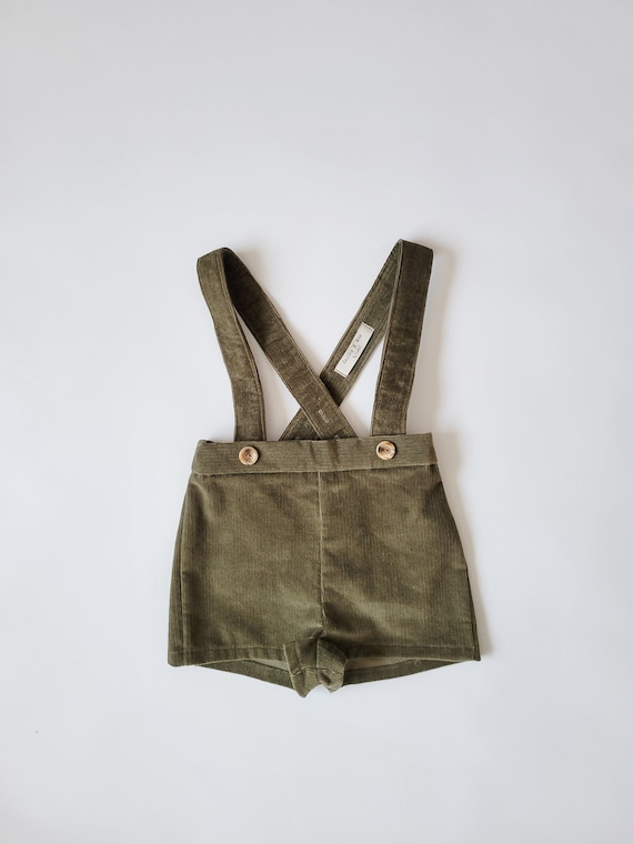 Olive Green Corduroy Suspender Shorts for Toddler Girls or Boys 