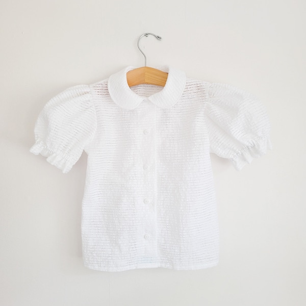 White semi sheer blouse for toddler girls, puff sleeve shirt with Peter Pan collar