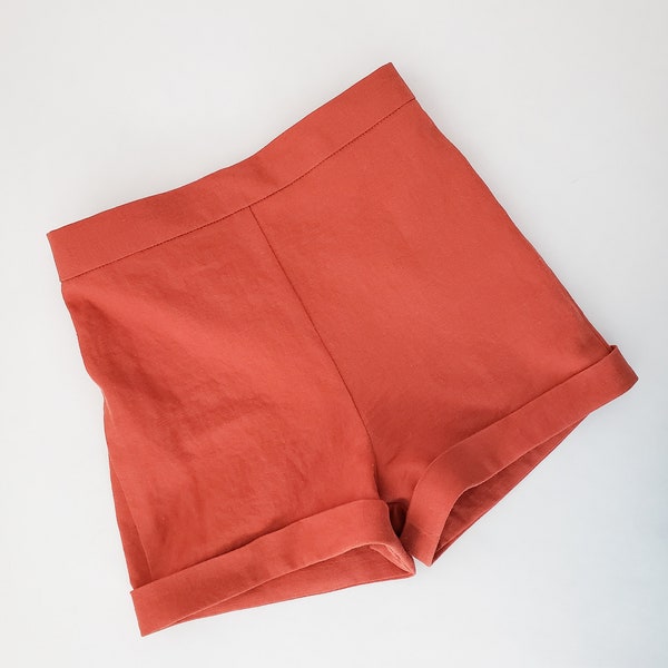 Rust linen shorts for toddler girls, highwaisted cuffed shorts for fall