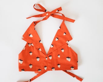 Dark orange Crop Top for toddler girls,  strawberry print Halter Shirt, 70s Inspired Girls Shirt, Boho Beach Outfit