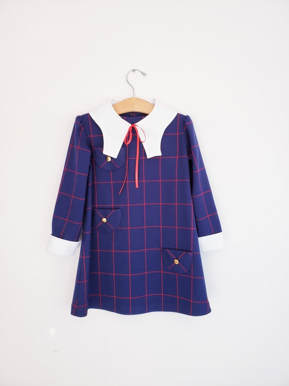 Girls Fancy Dress Navy A line Dress With Detachable Collar 70s Inspired Plaid Dress Long Sleeve Dress Girls Holiday Outfit Etsy Australia