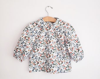 Peter Pan collar shirt for toddler girls, white floral vintage style blouse, girls shirt 3/4 sleeves, floral girls shirt