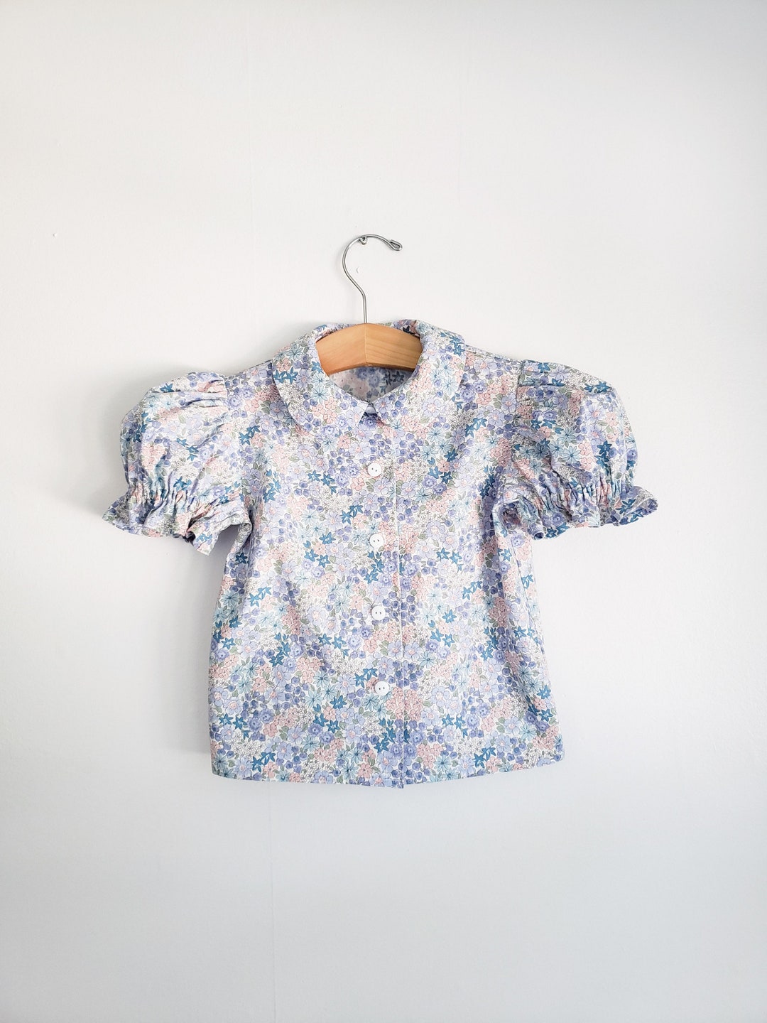 Pink or Blue Floral Peter Pan Collar Shirt With Puff Sleeves for ...