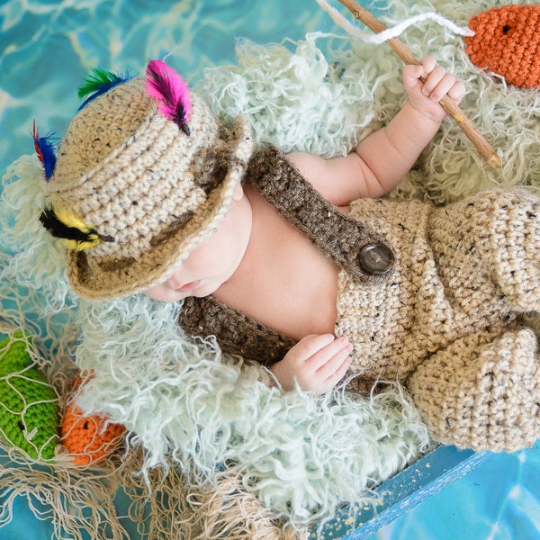 EASY CROCHET PATTERN - Baby Fishing Hat Pant Set - Bucket Hat - Suspender Pants - Newborn Photo Prop - Michelson Fishing Set