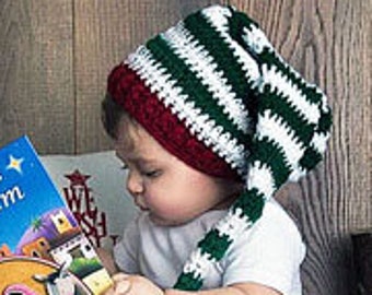 EASY CROCHET PATTERN - Elf Hat - Christmas - Striped Hat - Holiday Elf Hat - Baby Hat - Holly Elf Hat - Child - Adult - Santa - Ava Girl