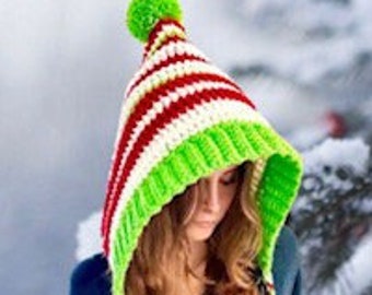 EASY CROCHET PATTERN - Christmas Hood - Hat - Holly Jolly Christmas Hood - 3 sizes - Ava Girl Patterns