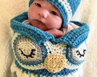 CROCHET PATTERN - Owl Cocoon Hat Set - Baby Owl - Sack - Blanket - Olive The Owl - Ava Girl Patterns