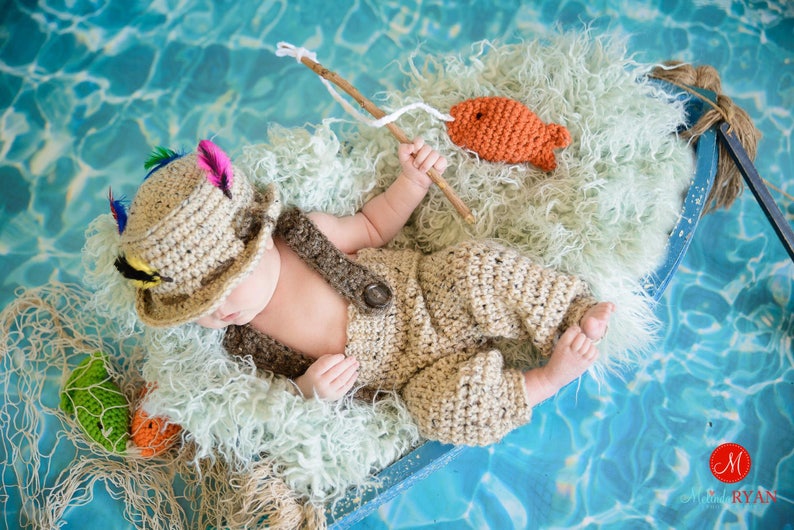 EASY CROCHET PATTERN Baby Fishing Hat Pant Set Bucket Hat Suspender Pants Newborn Photo Prop Michelson Fishing Set image 3