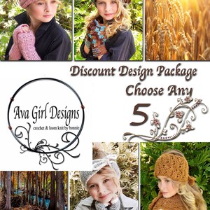 May include: A collage of images featuring crochet and loom knit designs for girls. The images include a pink headband, a brown and blue beret, a brown and white headband, a gray headband, and a brown headband. The text "Discount Design Package Choose Any 5" is also included in the image.