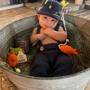 EASY CROCHET PATTERN Baby Fishing Hat Pant Set Bucket Hat Suspender Pants Newborn Photo Prop Michelson Fishing Set image 6