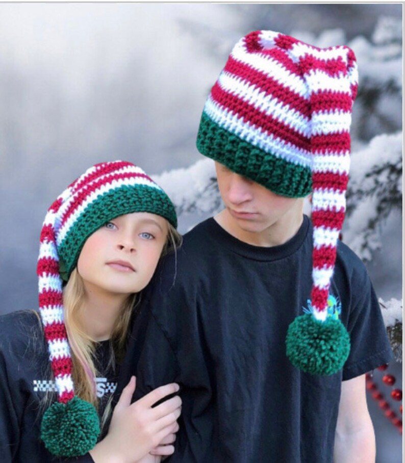 EASY CROCHET PATTERN Striped Elf Hat Holiday Hat Pattern Christmas hat Santa Hat Holly Elf Hat 7 Sizes Adult Child image 5