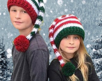 EASY CROCHET PATTERN - Striped Elf Hat - Holiday Hat Pattern - Christmas hat - Santa Hat - Holly Elf Hat - 7 Sizes - Adult - Child