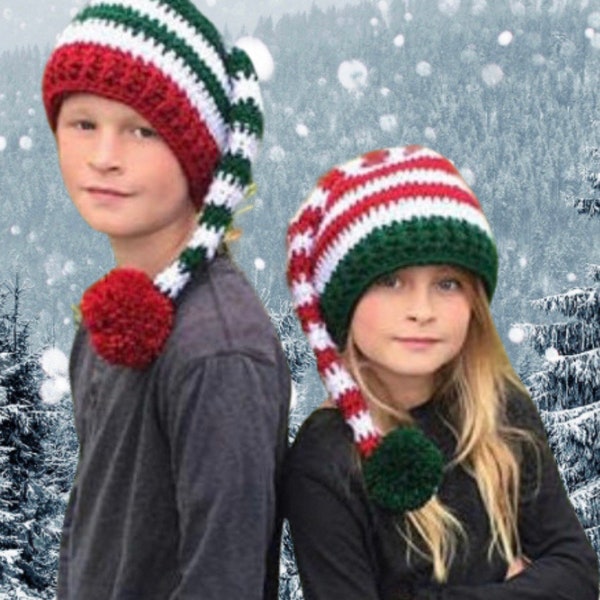 EASY CROCHET PATTERN - Striped Elf Hat - Holiday Hat Pattern - Christmas hat - Santa Hat - Holly Elf Hat - 7 Sizes - Adult - Child