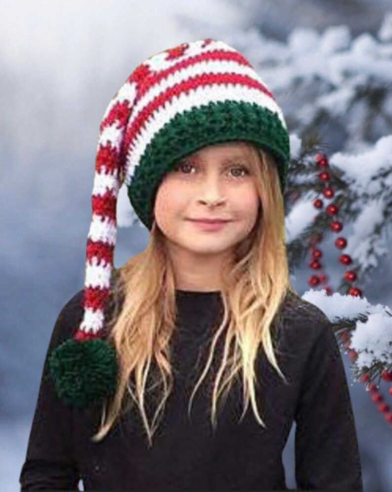 EASY CROCHET PATTERN Striped Elf Hat Holiday Hat Pattern Christmas hat Santa Hat Holly Elf Hat 7 Sizes Adult Child image 2