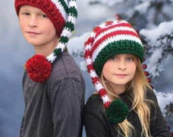 EASY CROCHET PATTERN - Striped Elf Hat - Holiday Hat Pattern - Christmas hat - Santa Hat - Holly Elf Hat - 7 Sizes - Adult - Child