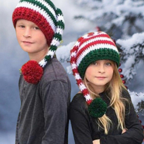 EASY CROCHET PATTERN - Striped Elf Hat - Holiday Hat Pattern - Christmas hat - Santa Hat - Holly Elf Hat - 7 Sizes - Adult - Child