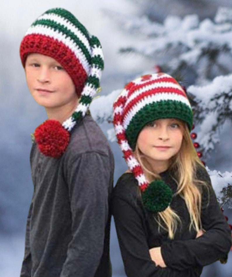 EASY CROCHET PATTERN Striped Elf Hat Holiday Hat Pattern Christmas hat Santa Hat Holly Elf Hat 7 Sizes Adult Child image 1