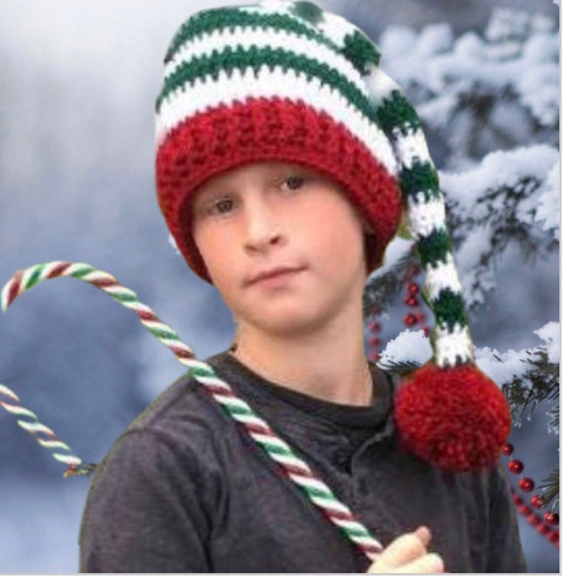 EASY CROCHET PATTERN Striped Elf Hat Holiday Hat Pattern Christmas hat Santa Hat Holly Elf Hat 7 Sizes Adult Child image 4