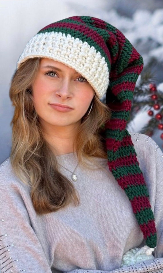 Crochet Striped Santa Hat Ho, Ho, Ho Red White And Green Striped