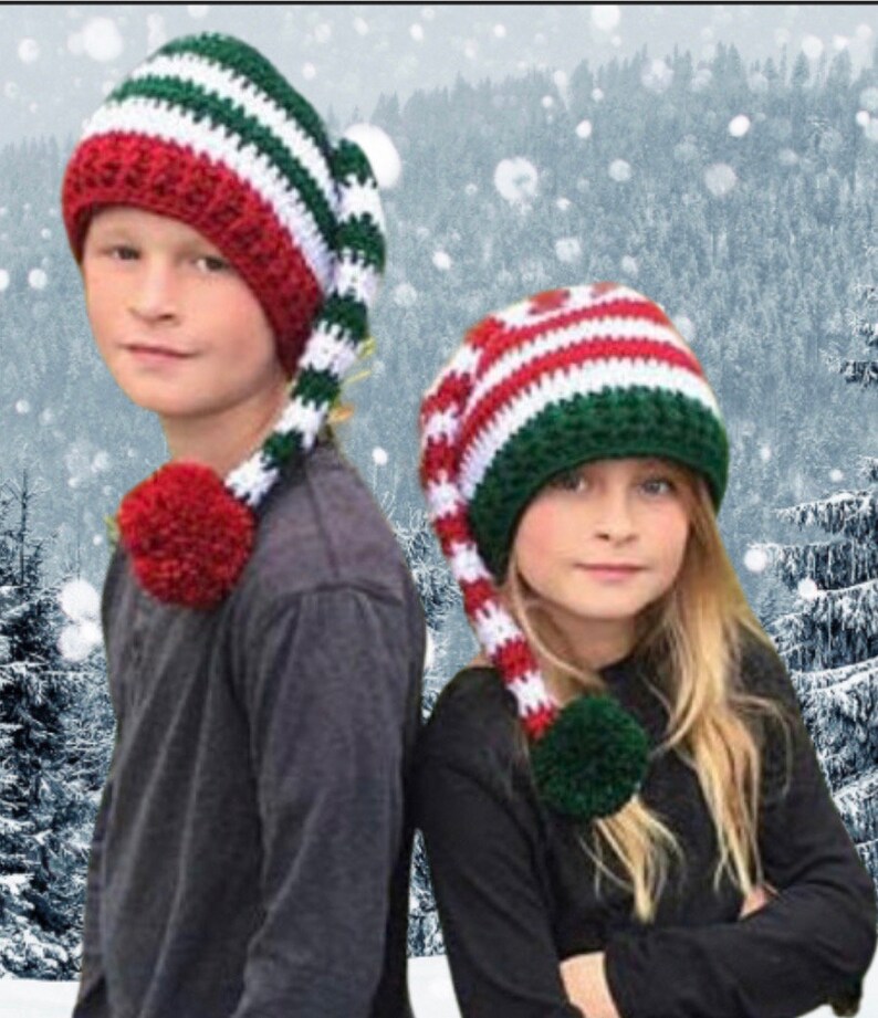 EASY CROCHET PATTERN Striped Elf Hat Holiday Hat Pattern Christmas hat Santa Hat Holly Elf Hat 7 Sizes Adult Child image 8