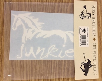White Horse Junkie, Peace Love Happiness, Running Horse, Praying Cowboy, mule head, horse lover, Barrel Racer, Etc six inch window decal.