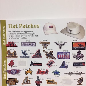 May include: A page displaying various hat patches with adhesive backing. The patches feature designs such as a cowboy hat, a bull, and text like "Cowboys Unlimited" and "American Pride". There are also two hats with patches.