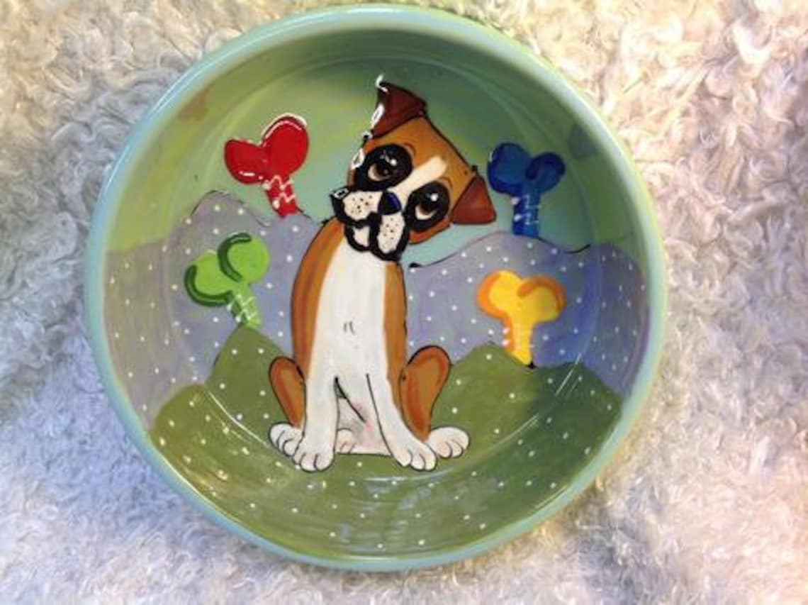 Hand painted dog bowl dog bowl Ceramic dog bowl Boxer Etsy