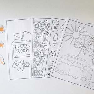 K&ouml;nnte beinhalten: F&uuml;nf Schwarzwei&szlig;-Malvorlagen mit Sommervorlagen. Die Seiten zeigen einen Van mit einem Surfbrett auf dem Dach, Palmen, eine Sonne, einen Eiswagen und verschiedene Eist&uuml;ten und andere sommerliche Illustrationen.