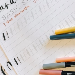 May include: A white sheet of paper with the words "hand lettering basics" and "thick downstrokes" written in black ink. There are several lines of gray lines drawn on the paper. There are five markers on the paper, one yellow, one blue, one pink, one light gray, and one dark gray.