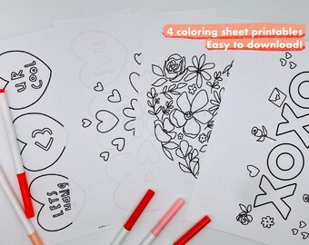 Valentine hearts and flower coloring pages - coloring sheets for Valentine’s Day - children valentine activities - easy coloring sheets kids