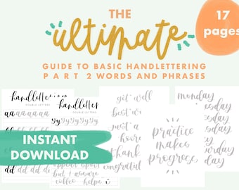May include: A printable guide to basic hand lettering with 17 pages of practice exercises. The guide includes double letter practice, words like "get well" and "best wishes", and phrases like "practice makes progress" and "just a hoot".