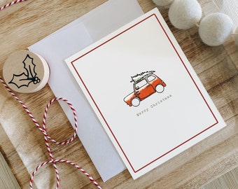 Hand drawn Christmas car greeting card - vintage car holiday card - merry Christmas card with envelope -