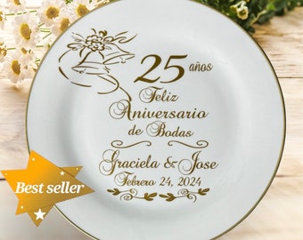 Spanish 25th wedding anniversary gift, 25th anniversary gift, personalized 25 anos anniversary gift for parents, anniversary plate