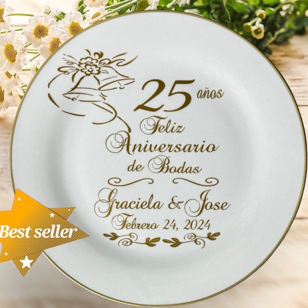Spanish 25th wedding anniversary gift, 25th anniversary gift, personalized 25 anos anniversary gift for parents, anniversary plate